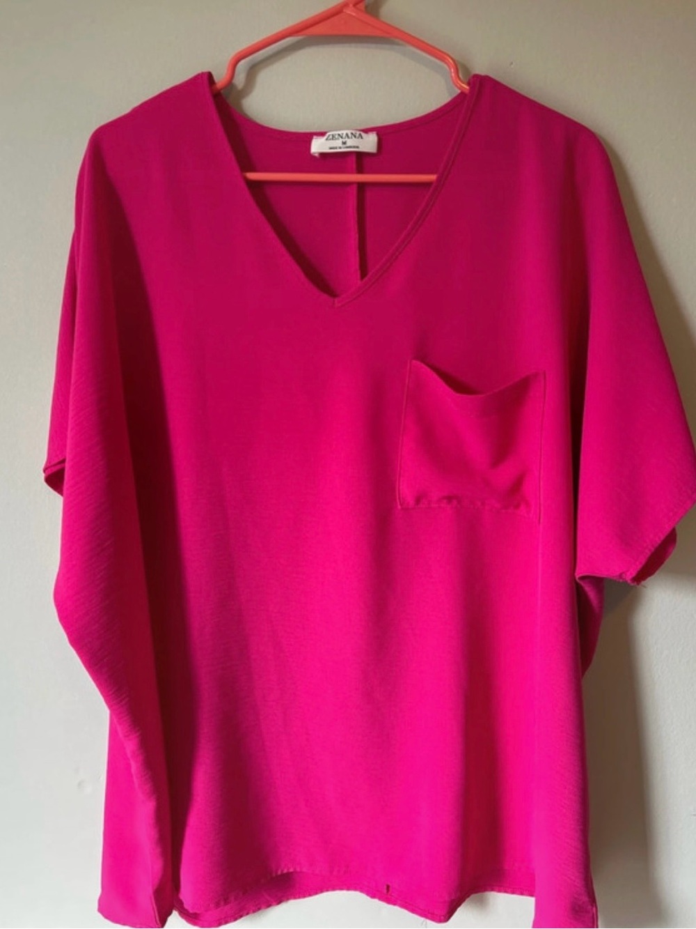 ZENANA Women's Fuchsia Short Sleeve V Neck Pullover Blouse Oversized Medium